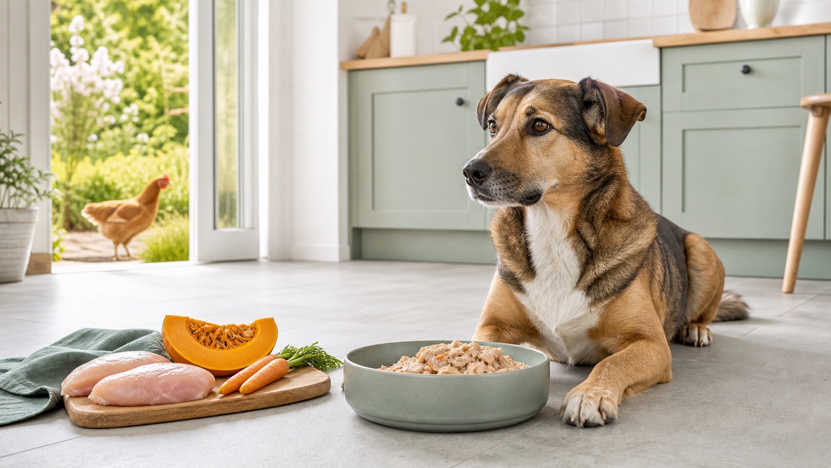 Hund neben Huhn-Nassfutter und klar erkennbaren Zutaten