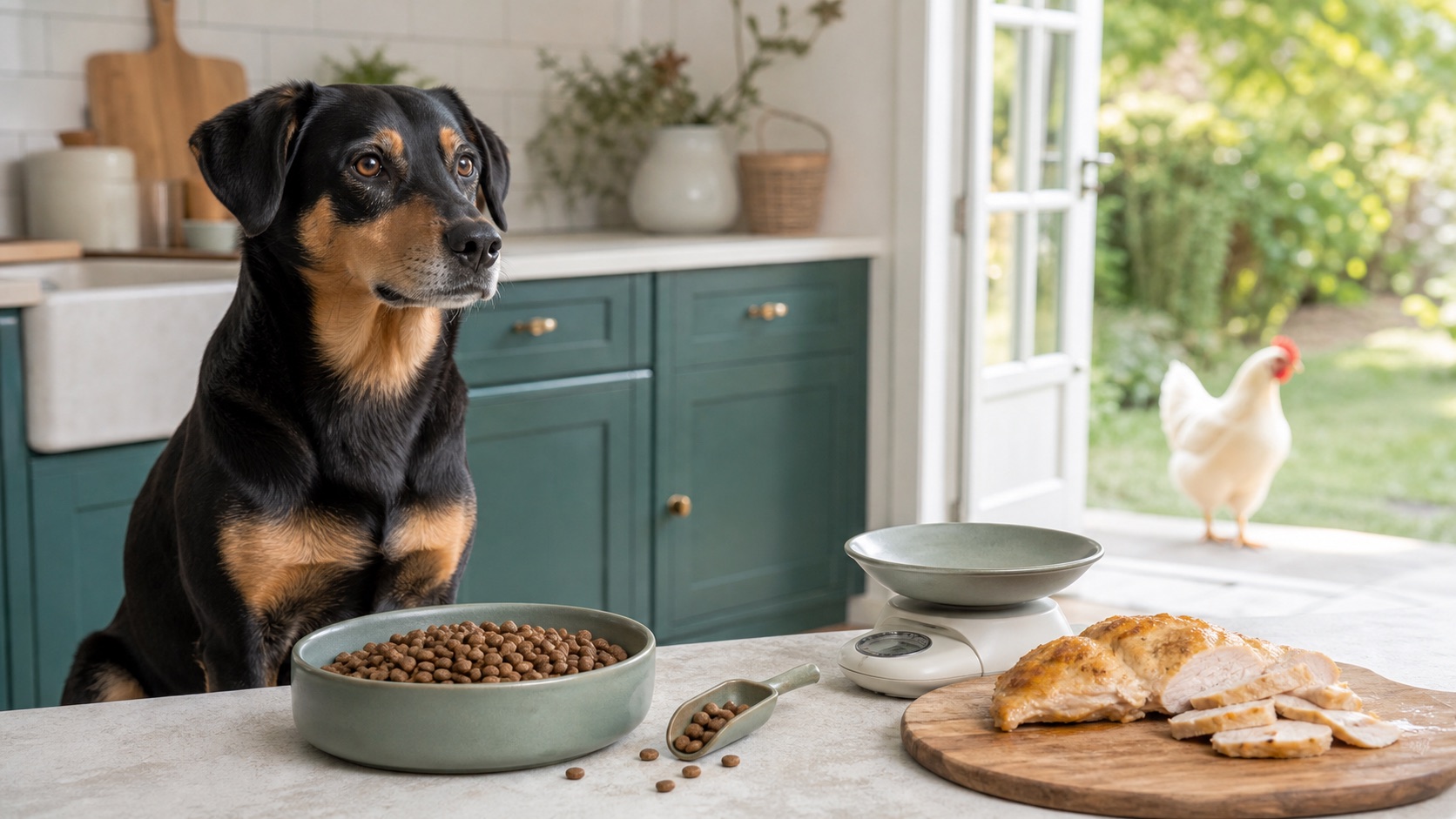 Hund neben Trockenfutter, Hühnerfleisch und einer Küchenwaage