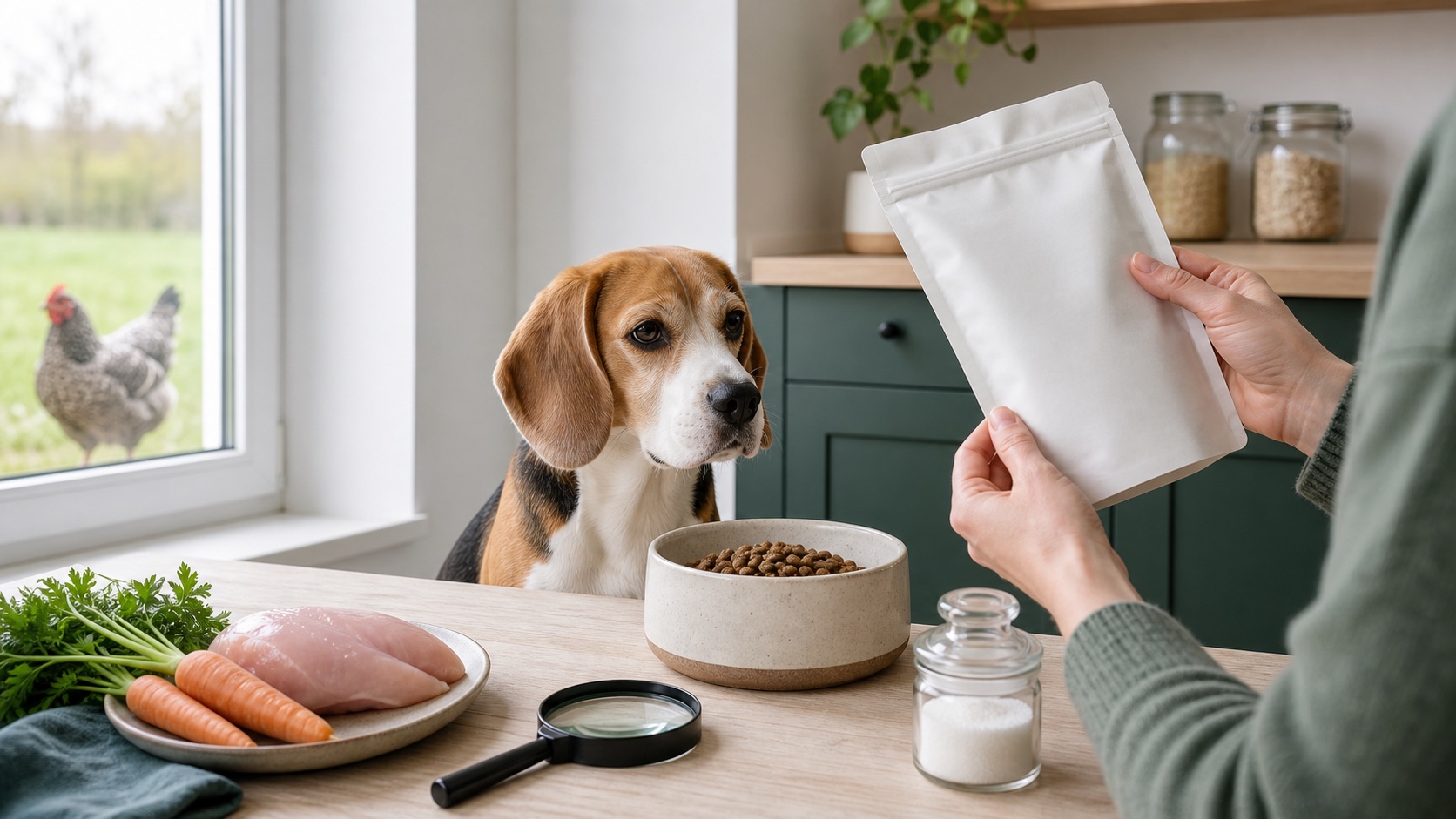 Person liest ein Futteretikett, während ein Hund aufmerksam zusieht