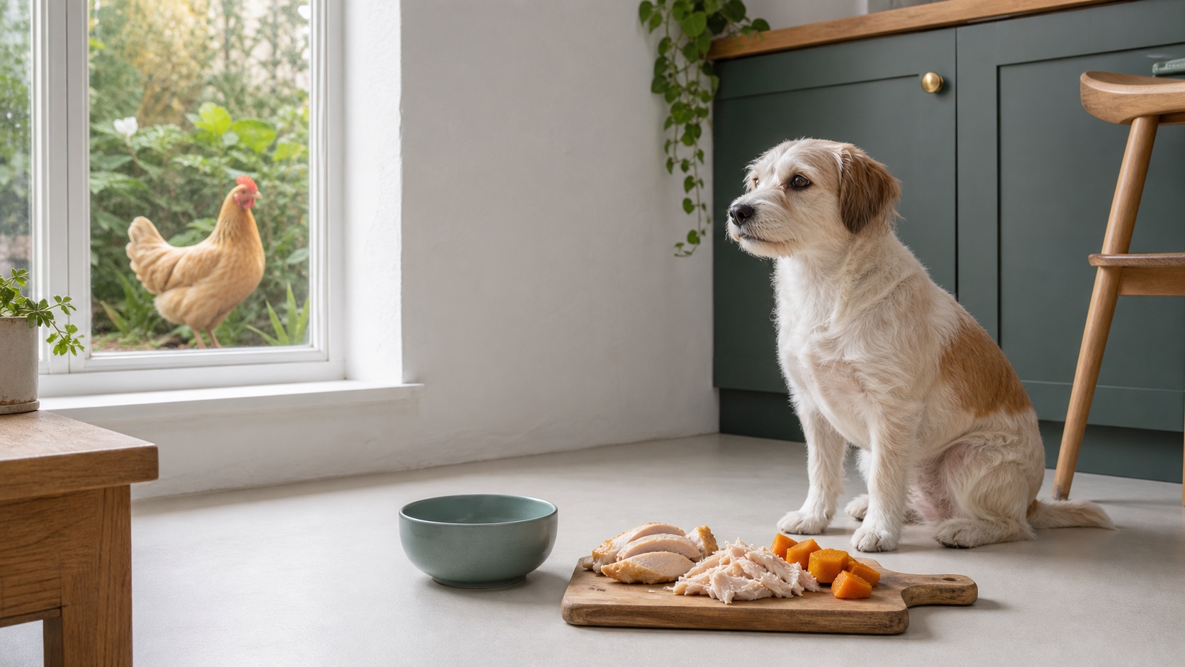 Kleiner Hund neben einer übersichtlichen Rezeptur mit Huhn
