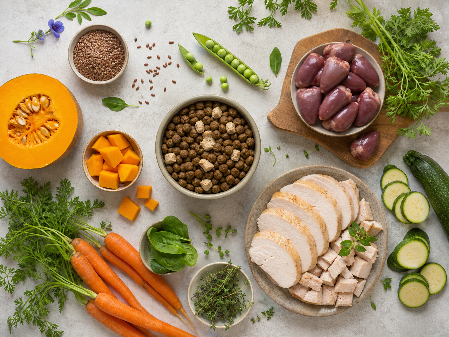 Hühnerfleisch, Kürbis, Karotten, Kräuter und Futterstücke als Zutatenübersicht